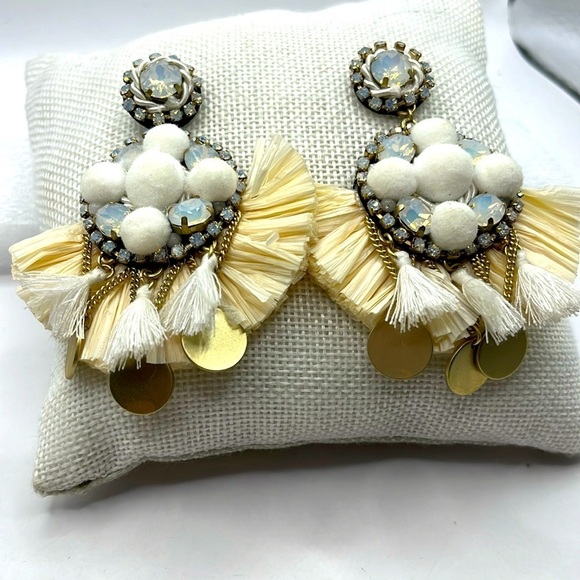 Earrings Large Statement Earrings Raffia Gold tone AB white Rhinestones Bling - Picture 1 of 10
